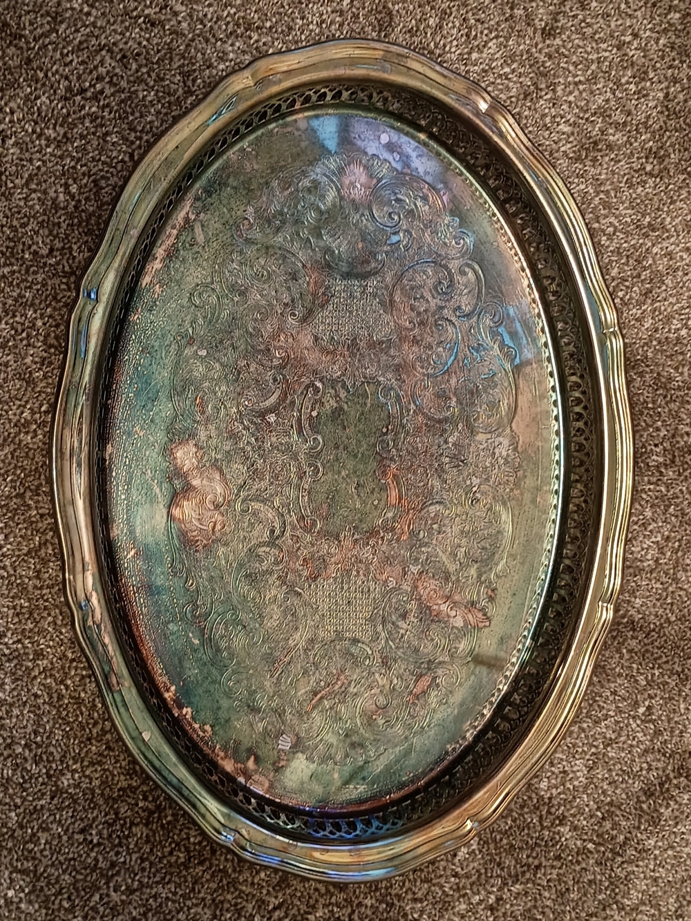 Onieda USA Ornate Oval Serving Tray in Aged Silver Plated Green and Gold